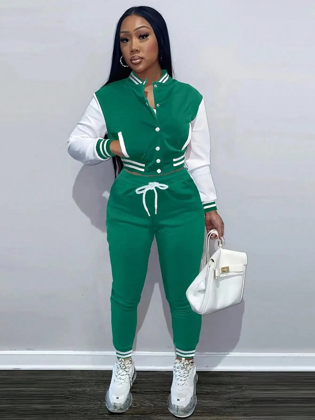 BWQ 2 Pieces Set Women Sports Jacket - Solid Color Single Breasted Baseball Jacket And Top