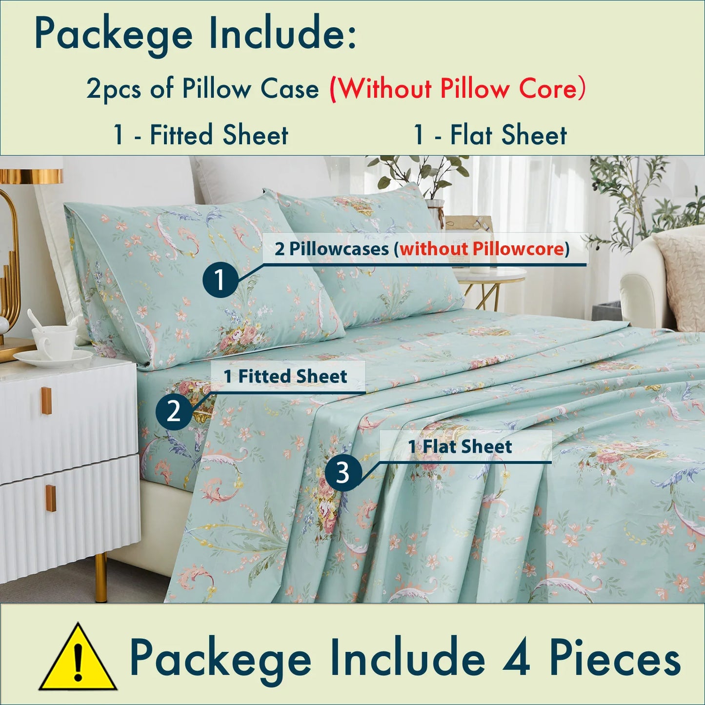 4 Pieces 600 TC 100 Percent Egyptian Cotton Fitted Sheet Set Floral Luxury Shabby Chic Soft and Skin Friendly