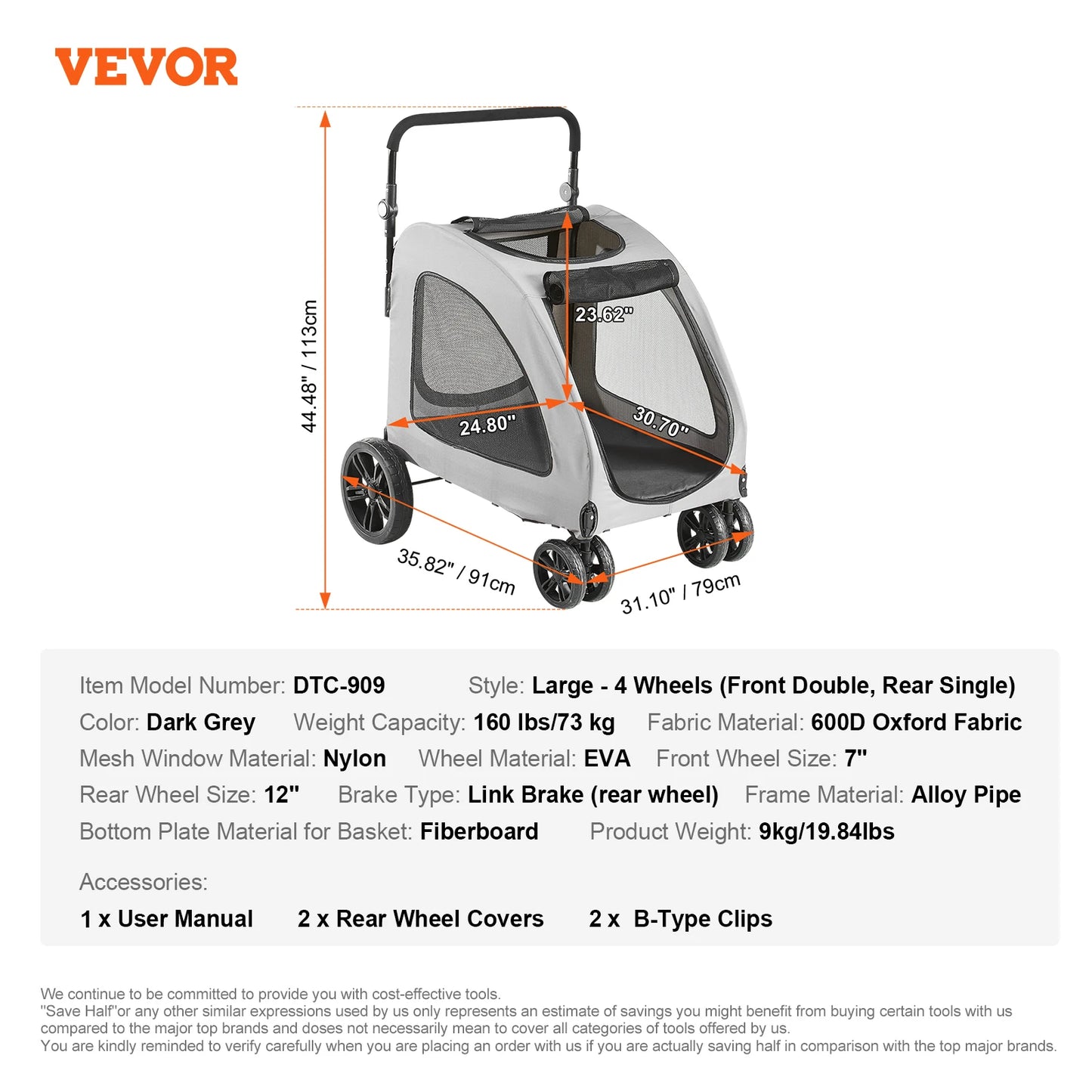 VEVOR Lightweight Pet Stroller Carrier for Dogs and Cats with Cup Holder and Brakes Travel Accessory