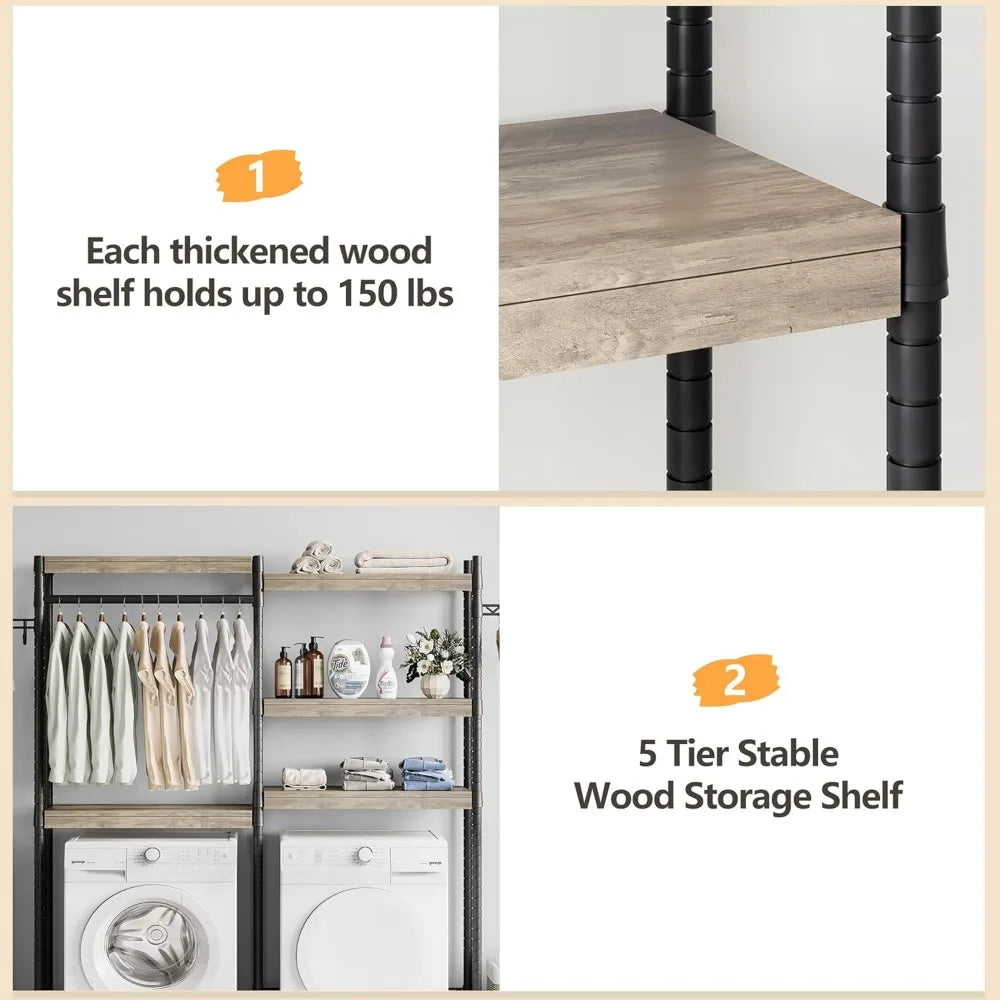 5 Tier Wood Over The Washer and Dryer Storage Shelf Laundry Room Organization Space Saving Laundry Drying Clothes Racks Heavy Duty