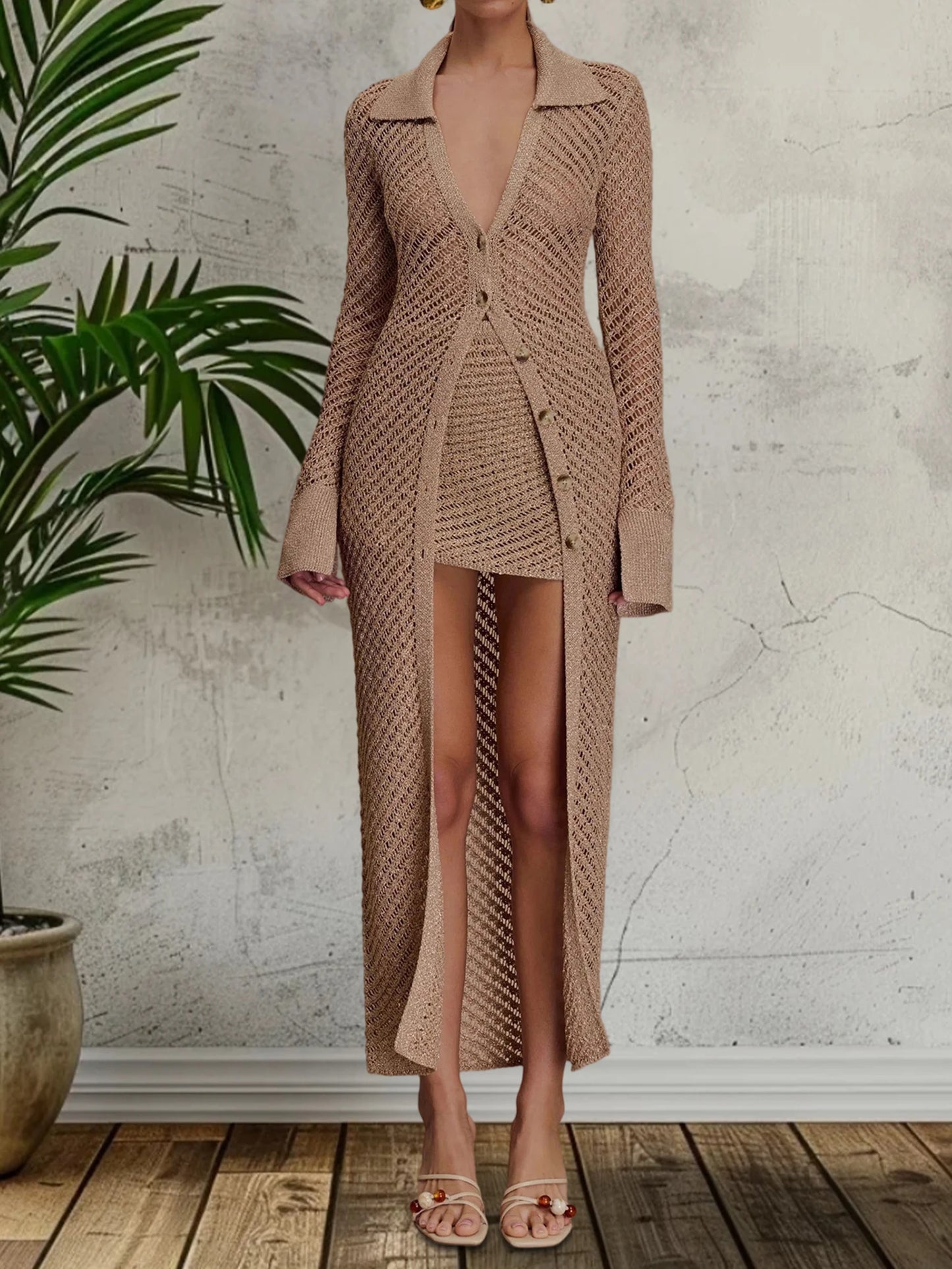 Women s Chunky Knit Cardigan with Chic Cut-Out Accents and Button Front Closure Cozy Lapel V-Neck Sweater Coat for