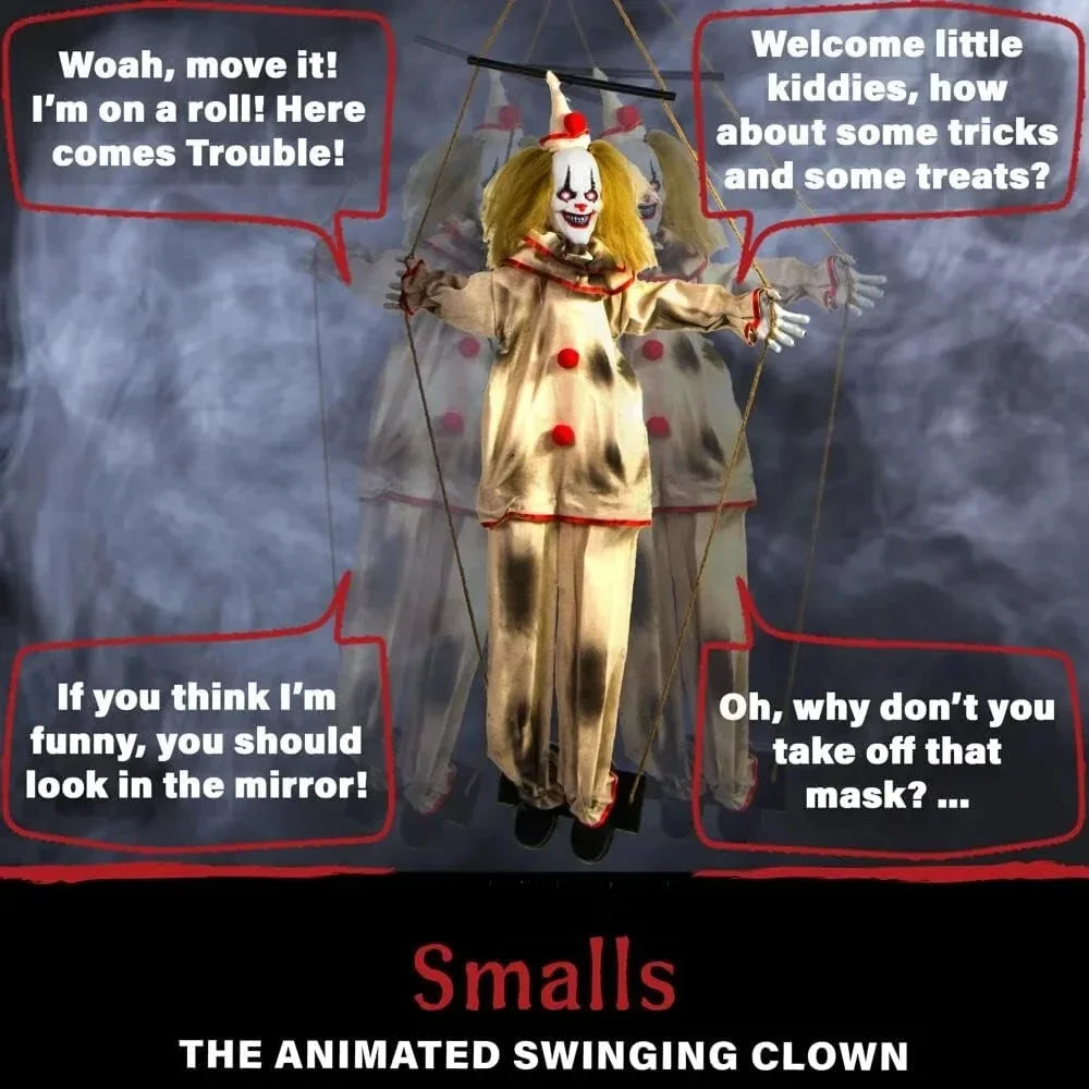 Scary Swinging Talking Clown Halloween Animatronic with Touch Activated Lights and Sounds for Outdoor Decorations