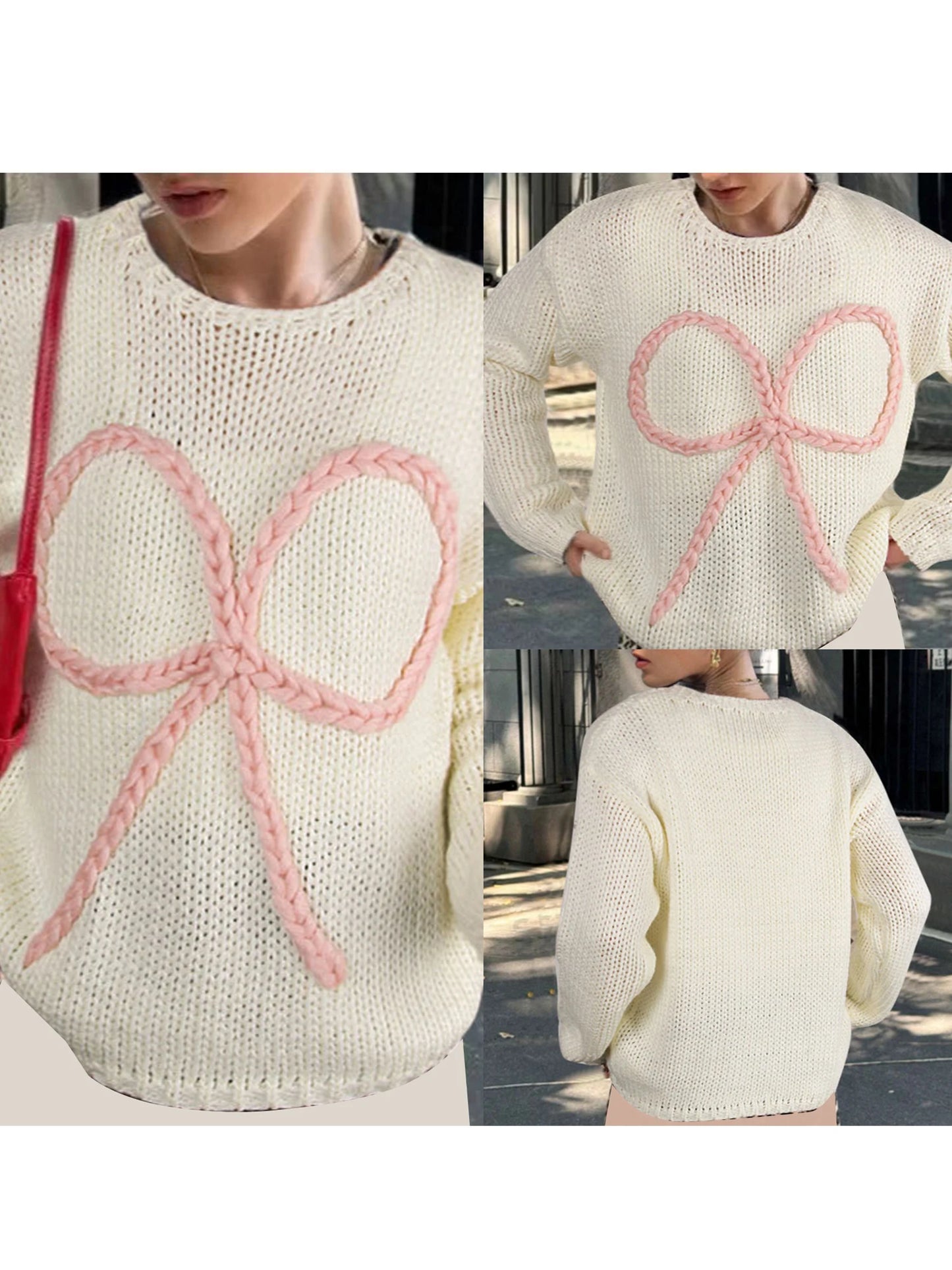 Women s Cozy Cable Knit Sweater with Oversized Bow Detail and Embroidery Long Sleeve Round Neck Pullover for Autumn