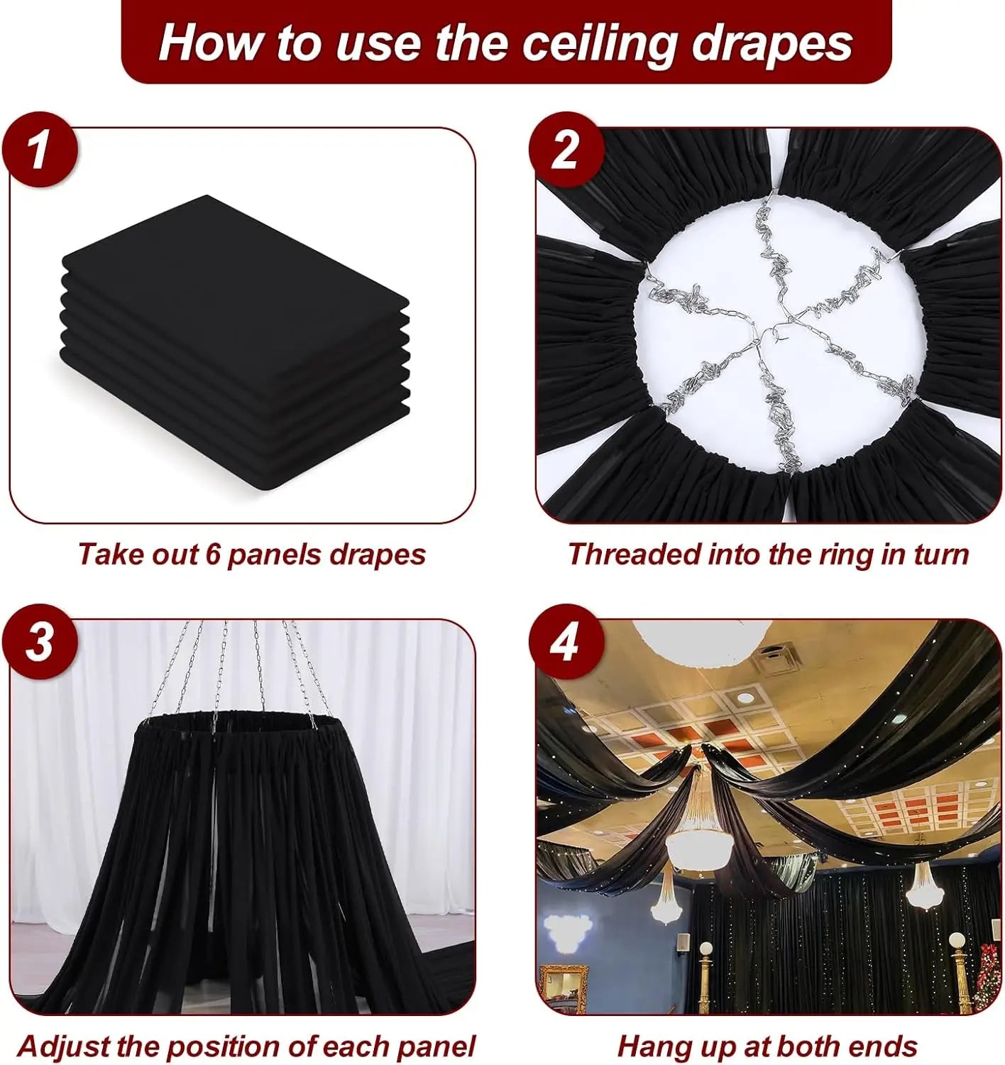 Black Ceiling Drapes for Weddings 12 Panels 5x15 FT Chiffon Wedding Arch Drapes Sheer Curtains Ceiling Decorations Tulle Drapery