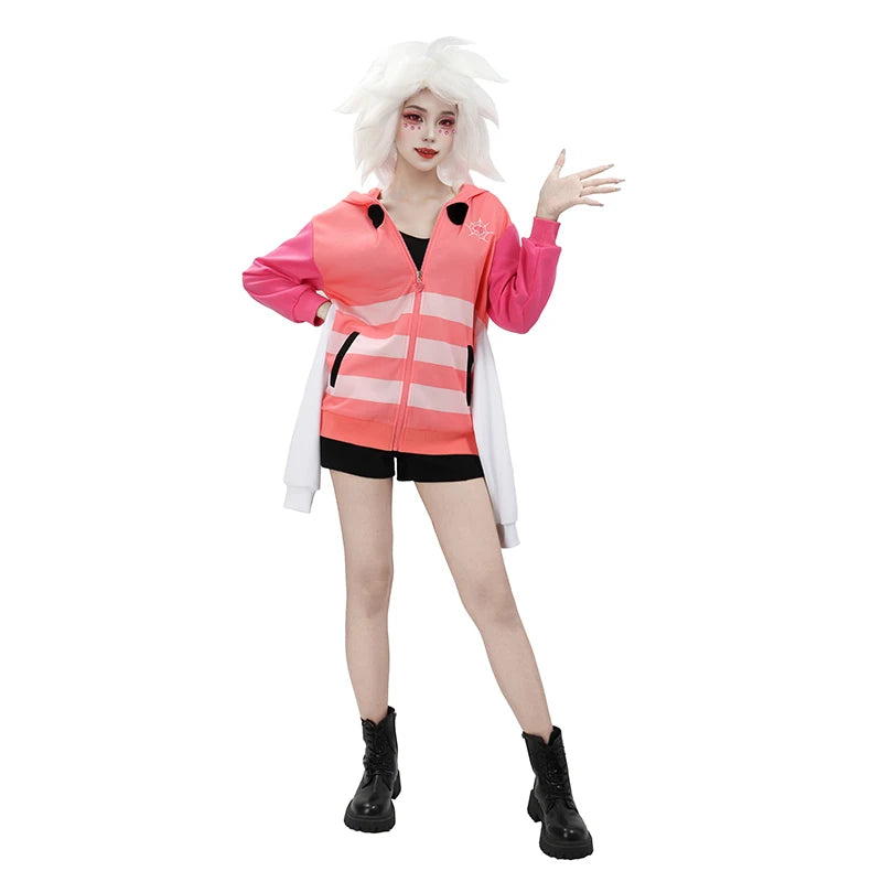 WENAM Anime Angel Dust Cosplay Costume Sexy Pink White Striped Four Arms Demon Suit for Women Halloween Party