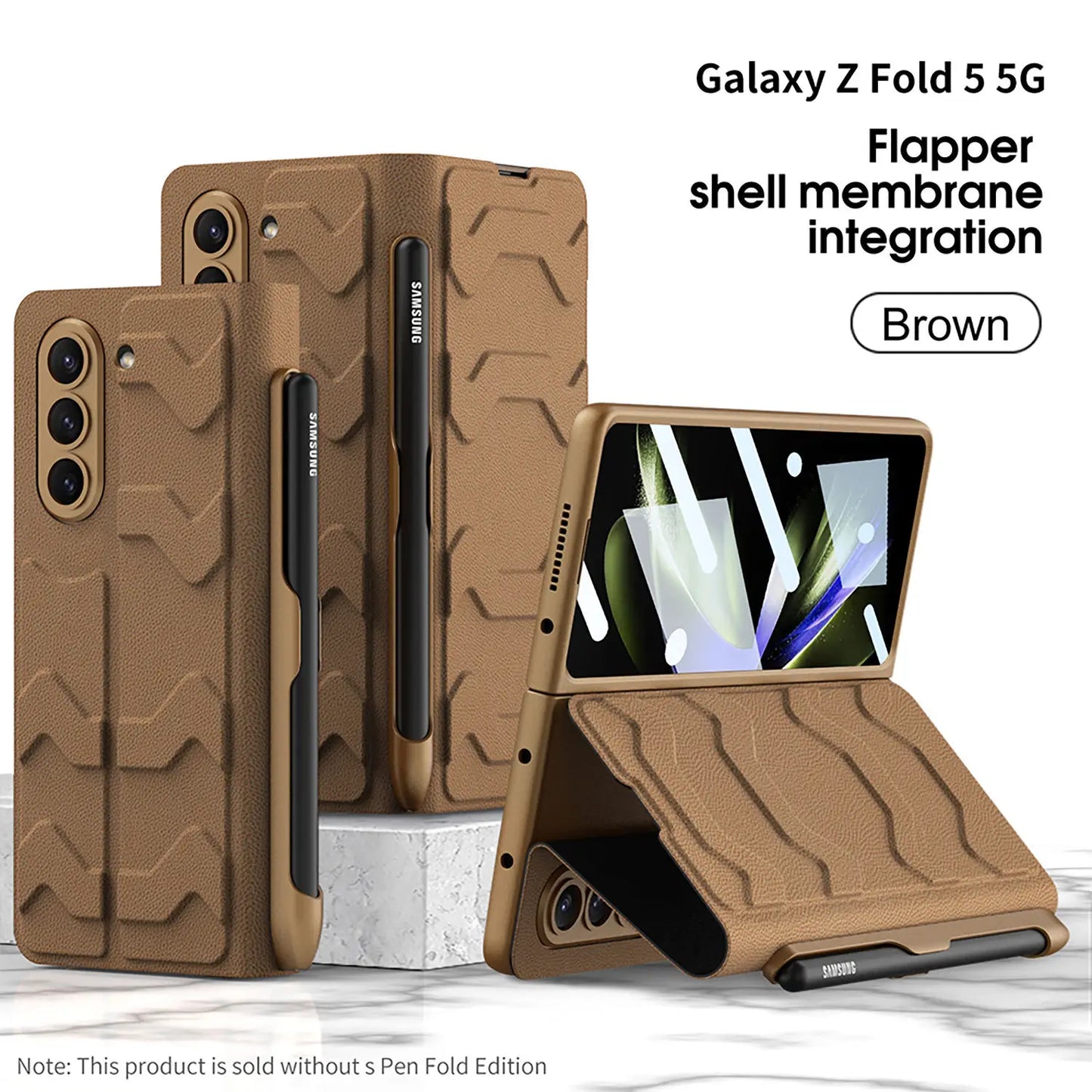 Clamshell Warrior Leather Case for Samsung Galaxy Z Fold 5 with Integrated Side Pen Slot Anti Fall Protection Cover