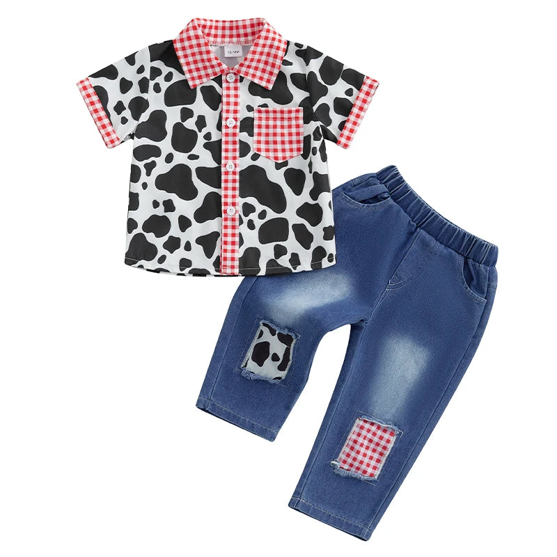 Toddler Boys Casual Outfit Dinosaur Print Short Sleeve T-Shirt and Denim Shorts Set Summer Clothes for Kids