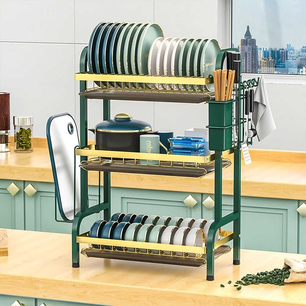 Dish Drying Rack 3 Tier Large Capacity Carbon Steel Multi Function Dish Rack for Kitchen Counter
