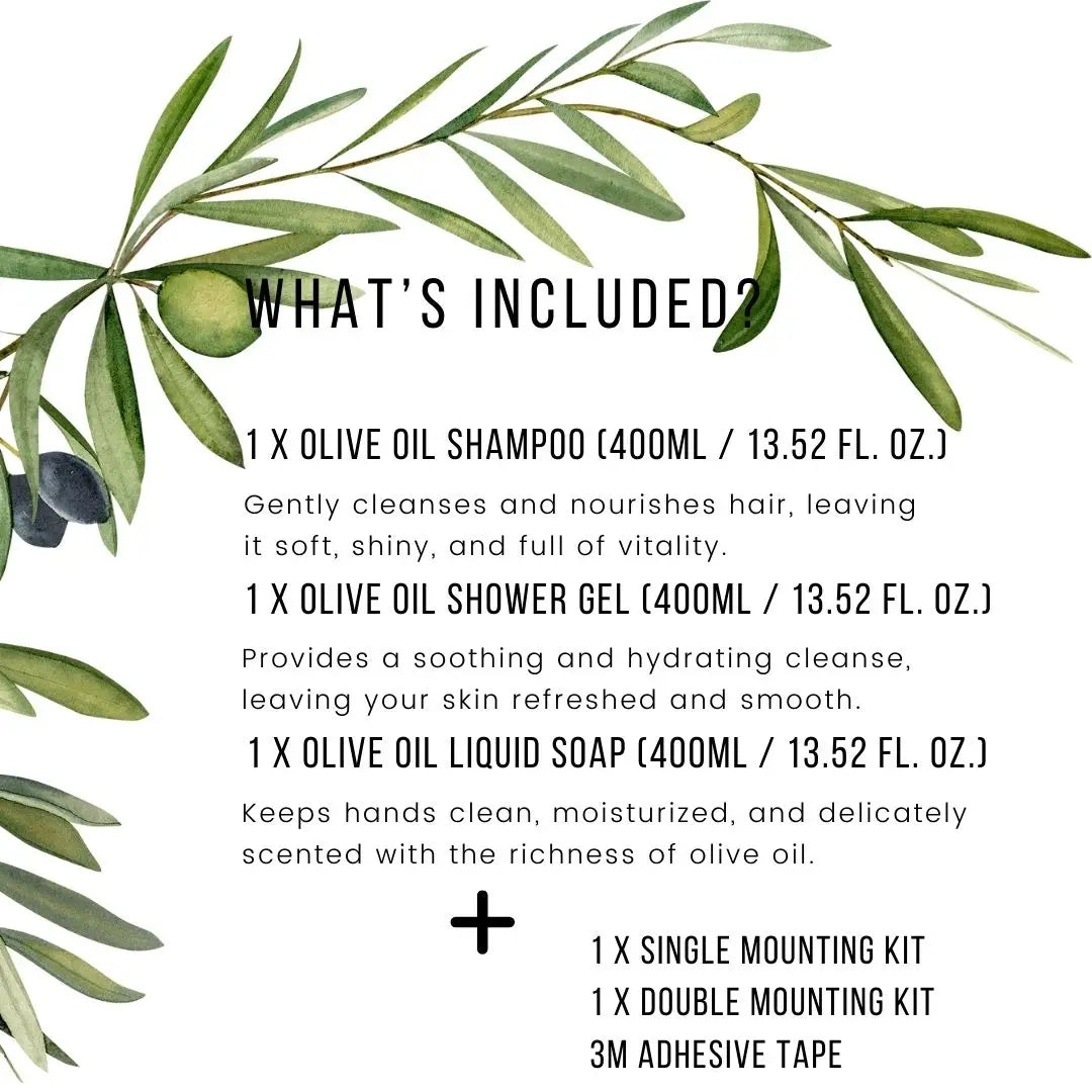 Roomsium Olive Care Set | Shampoo, Shower Gel & Liquid Soap | Refillable, Eco-Friendly & Mediterranean Luxury (3 of Set)