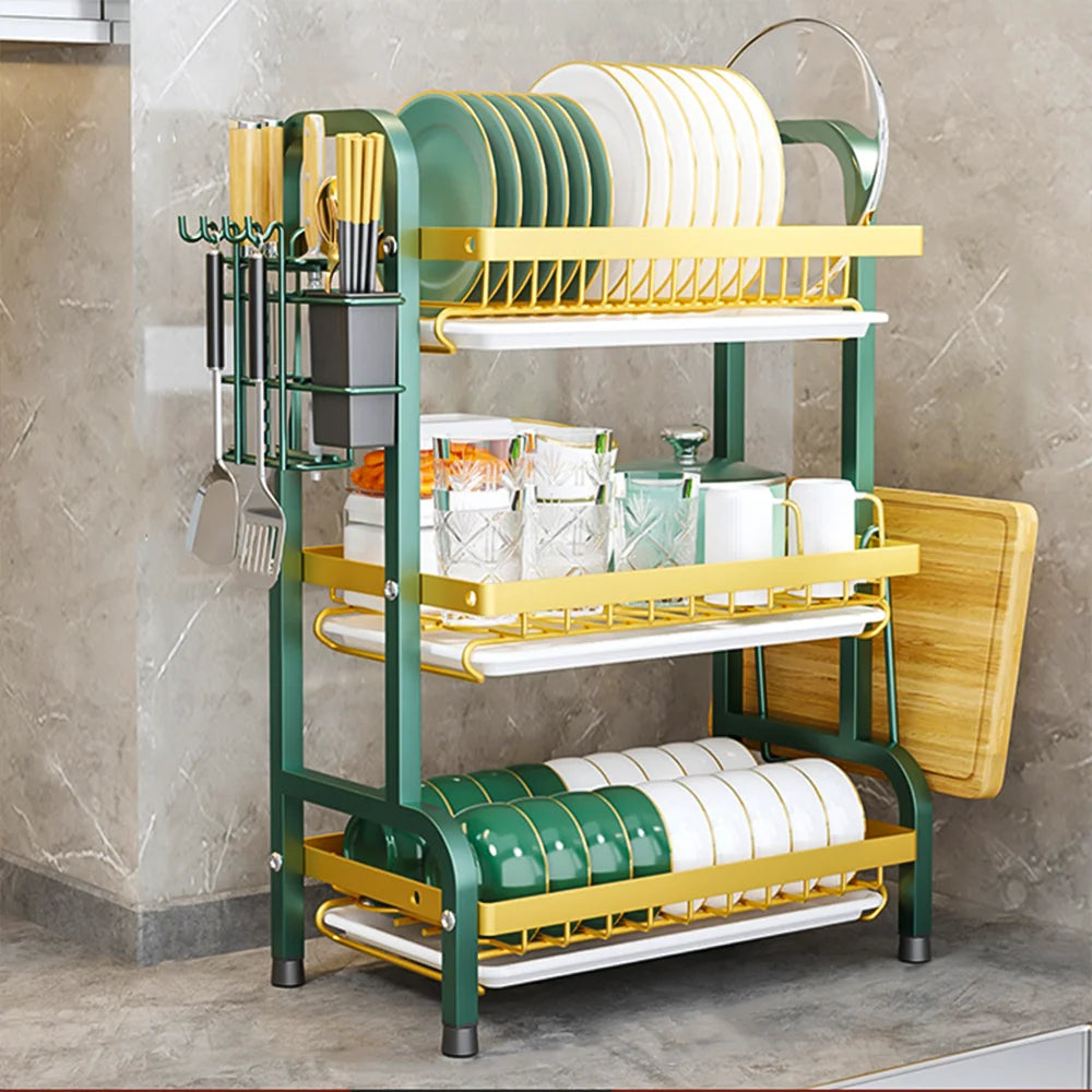 Dish Drying Rack 3 Tier Large Capacity Carbon Steel Multi Function Dish Rack for Kitchen Counter