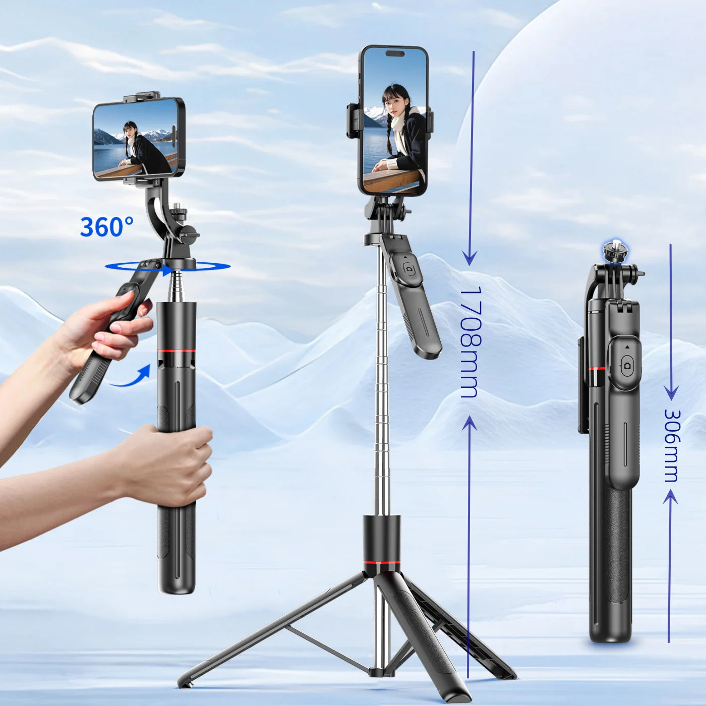 2025 Portable Retractable 360 Degree Rotation Selfie Stick Tripod Smartphone Stand with Wireless Remote Control for iPhone and Android