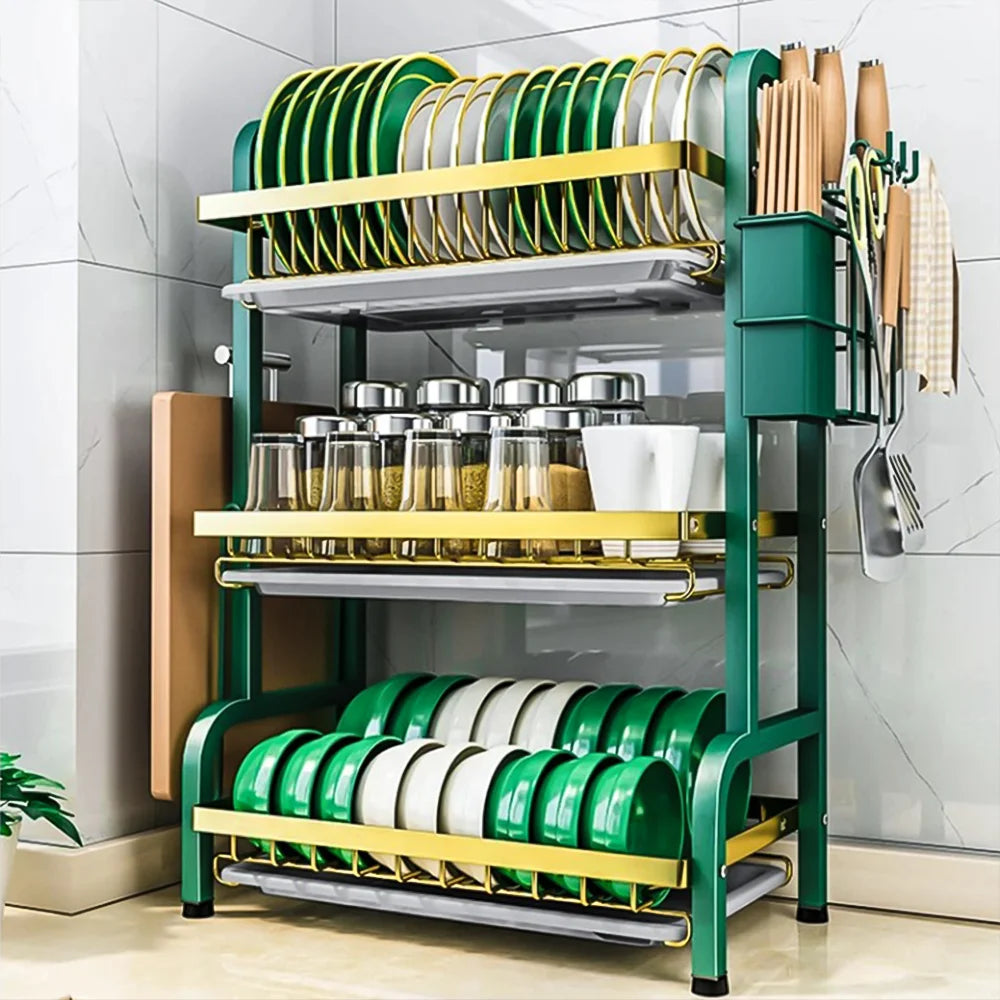 Dish Drying Rack 3 Tier Large Capacity Carbon Steel Multi Function Dish Rack for Kitchen Counter