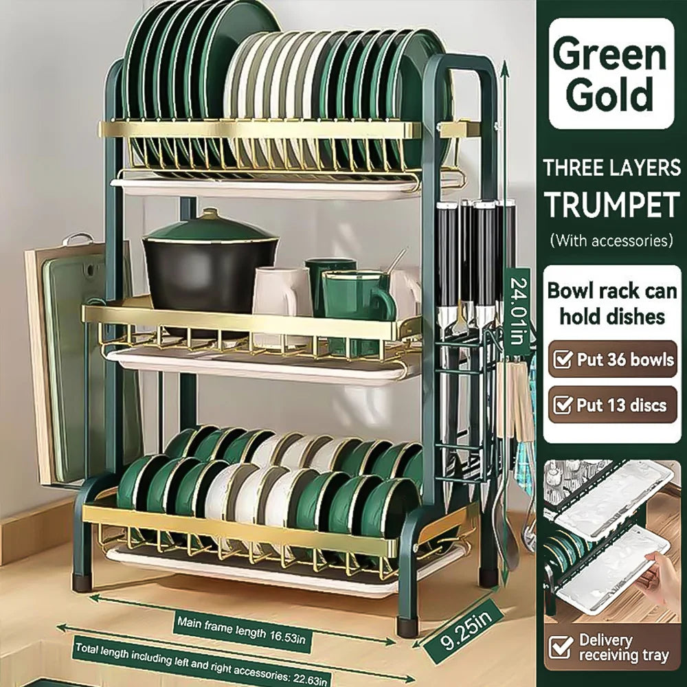 Dish Drying Rack 3 Tier Large Capacity Carbon Steel Multi Function Dish Rack for Kitchen Counter