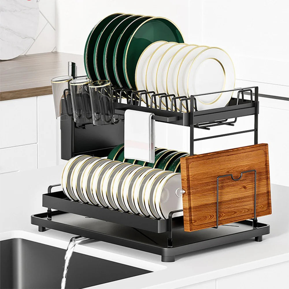Detachable Dish Drying Rack with Drain Board and Utensil Holder Large Two Tier Dish Drying Rack for Kitchen Counter