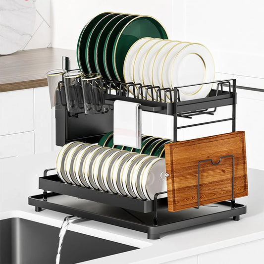 Detachable Dish Drying Rack with Drain Board and Utensil Holder Large Two Tier Dish Drying Rack for Kitchen Counter