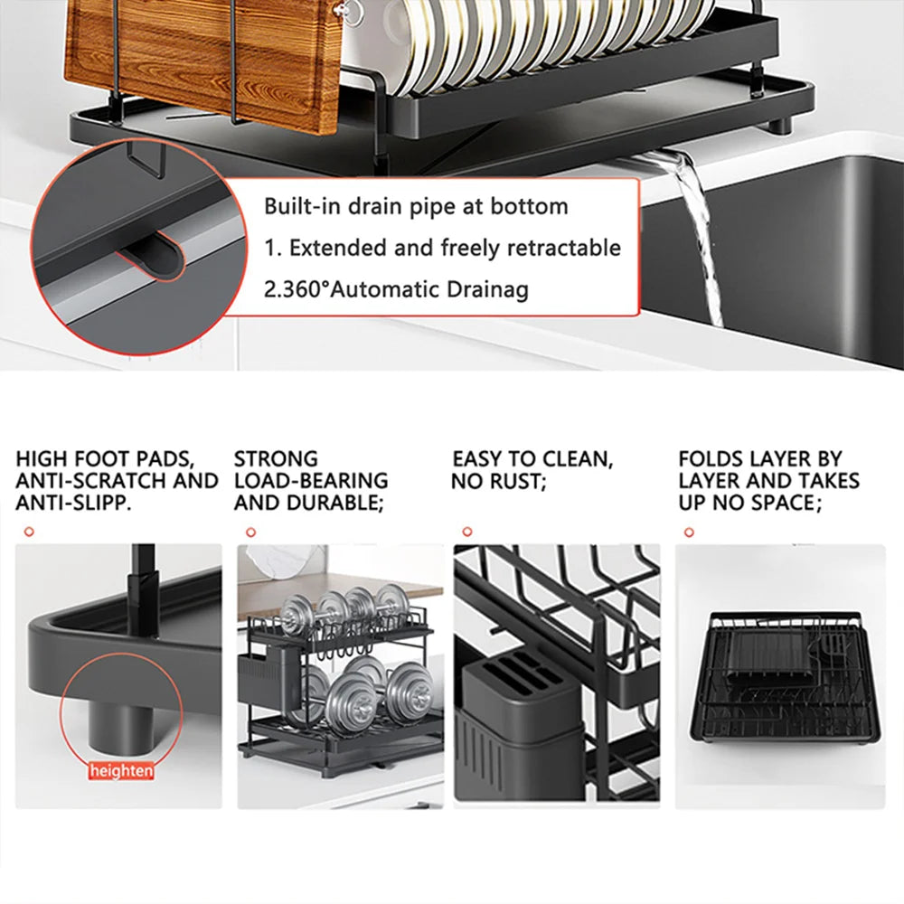 Detachable Dish Drying Rack with Drain Board and Utensil Holder Large Two Tier Dish Drying Rack for Kitchen Counter