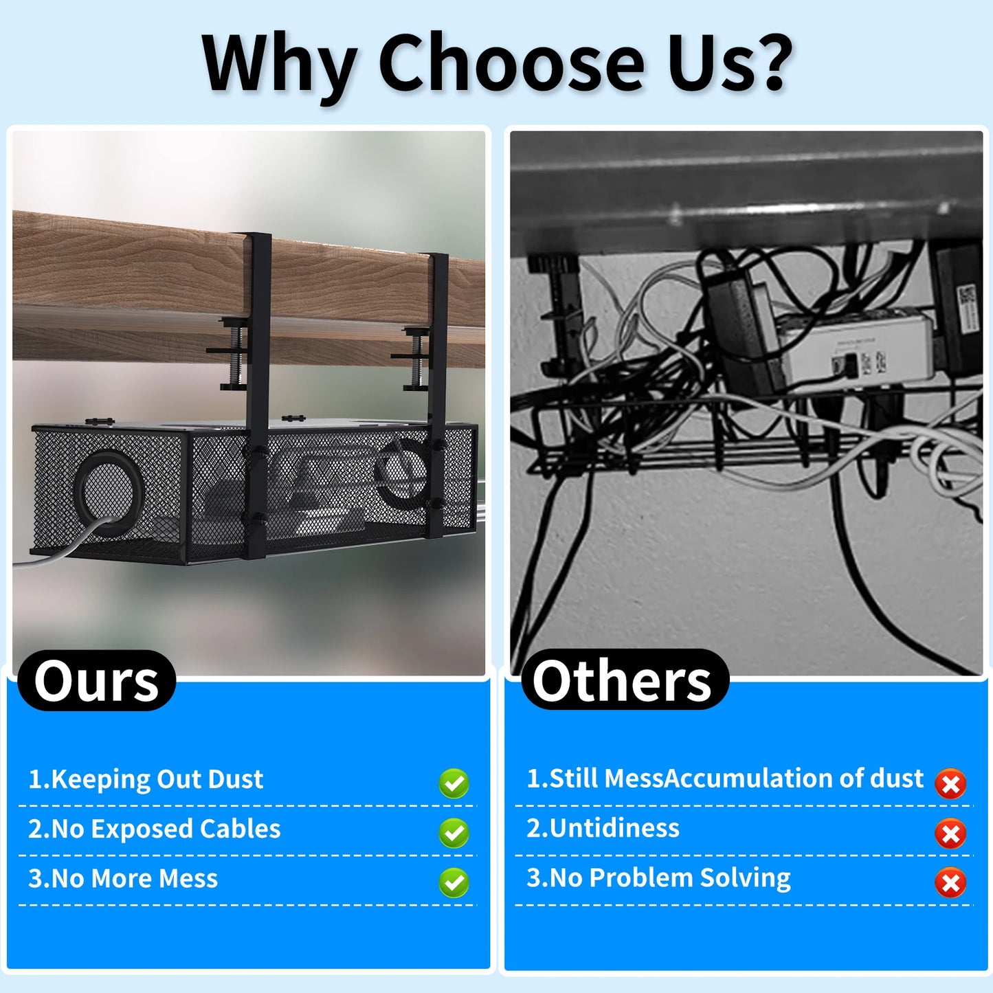 Under Desk Box Tray Black 1 Pack Wire Management and Cord Organizer Clamp Mount