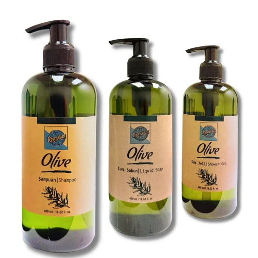 Roomsium Olive Care Set | Shampoo, Shower Gel & Liquid Soap | Refillable, Eco-Friendly & Mediterranean Luxury (3 of Set)