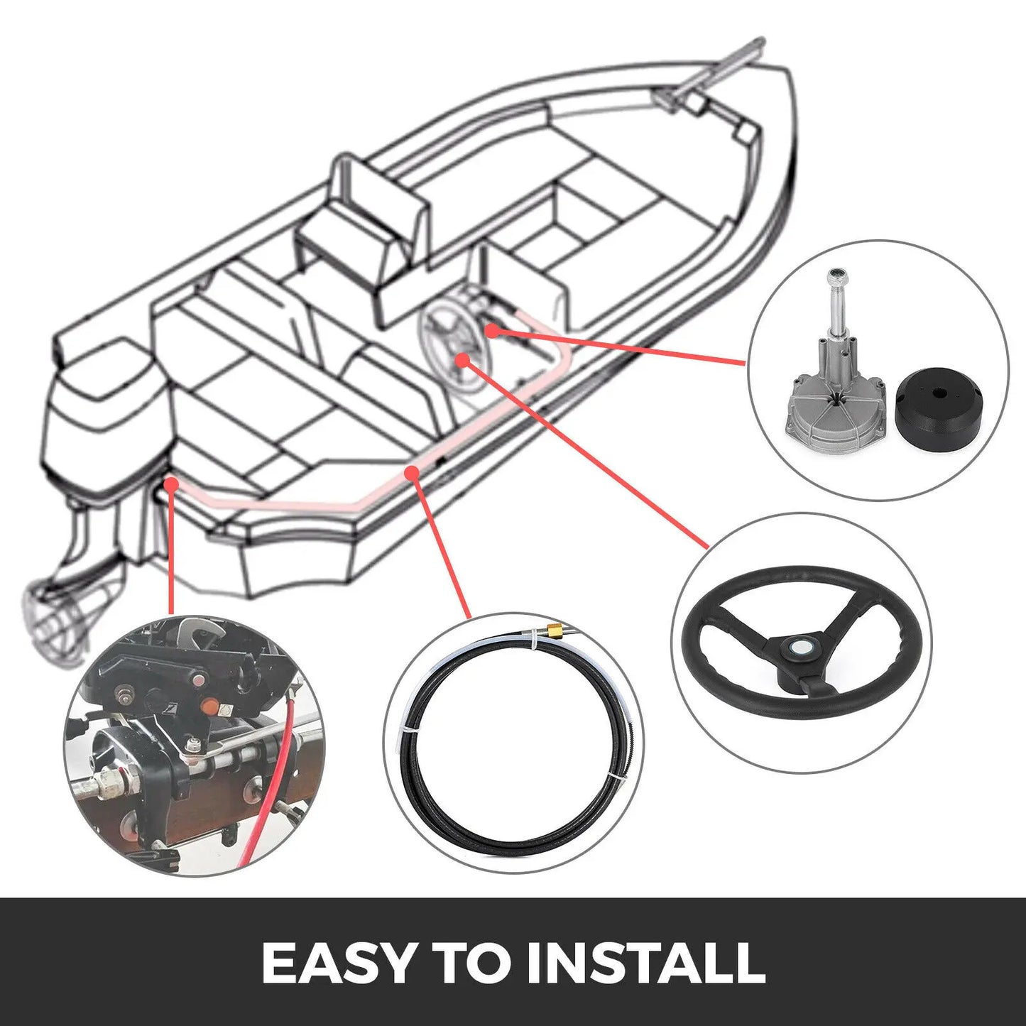 SucceBuy Outboard Marine Steering System 13" Rotary Wheel 10'-16' Mechanical Cable for Yacht Fishing Engine Boat Accessories