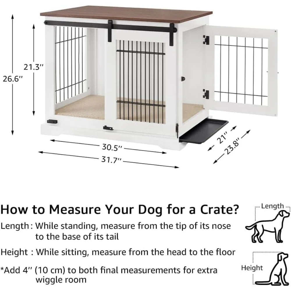 Dog Crate Furniture With Sliding Barn Door Stylish Double Doors Wooden Kennel With Tray And Cushion Decorative Indoor Pet House