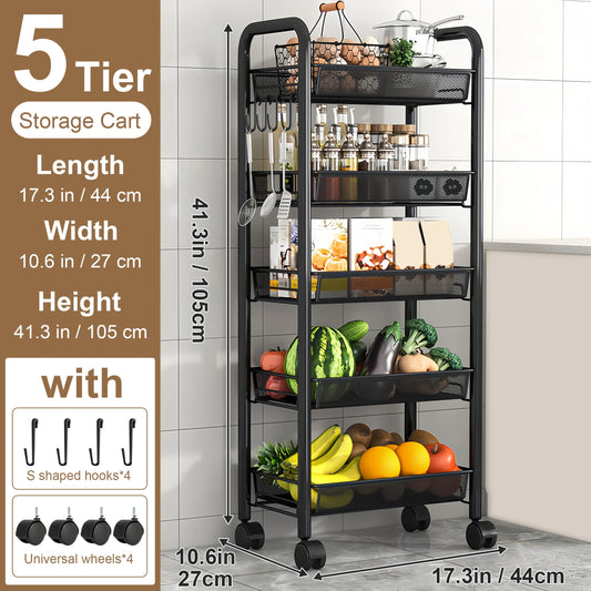 Multilayer Kitchen Storage Rack Metal Utility Cart Stackable with Wheels Multifunctional Shelf for Fruits and Vegetables