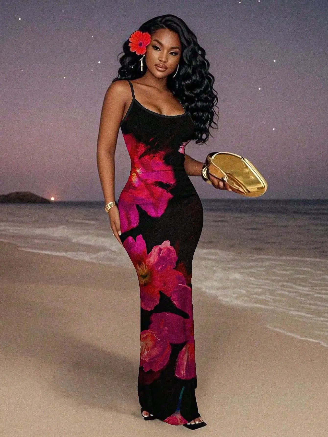 Black Red Floral Maxi Dress for Women, Sleeveless Elegant Evening Beach Vacation Dress