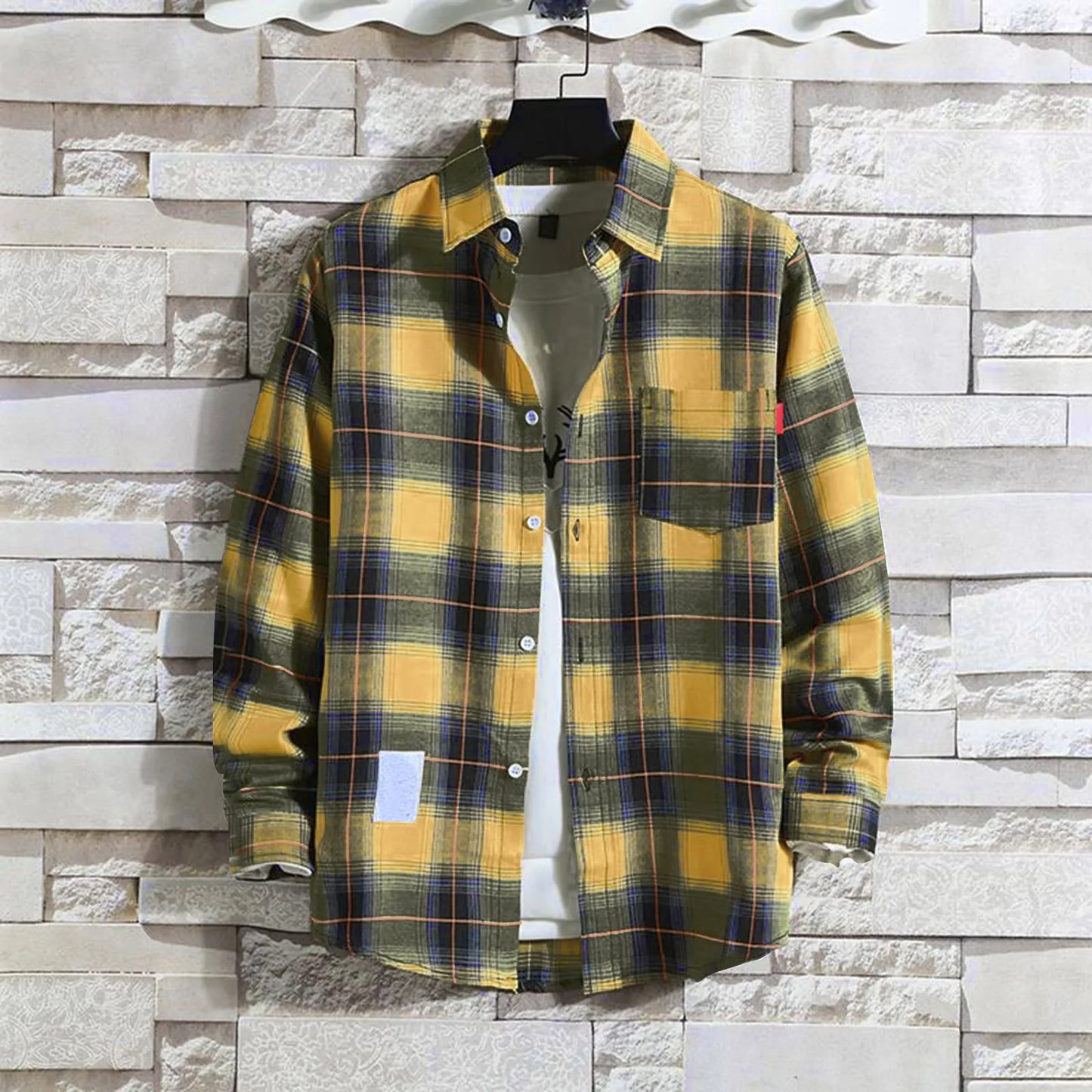 Harajuku Style Yellow Plaid Shirt For Men And Women Casual Loose Fit Long Sleeve British Fashion Trendy Couple Clothing