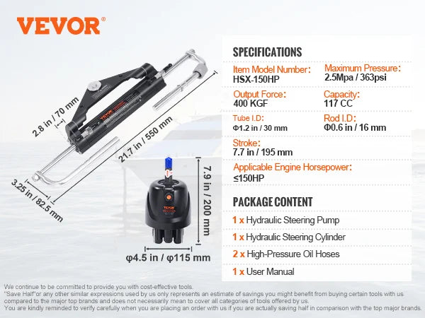 VEVOR Hydraulic Outboard Steering Kit 90HP/150HP/300HP with Helm Pump and 24FT/26Ft Hose for Single Station Single-Engine Boats