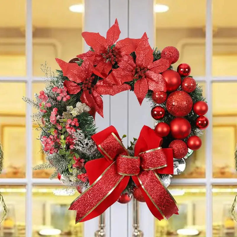 45CM Christmas Front Door Wreath Artificial Pine Needle Winter Wreaths Poinsettia Flowers Holiday Wreath with Ball Ornaments