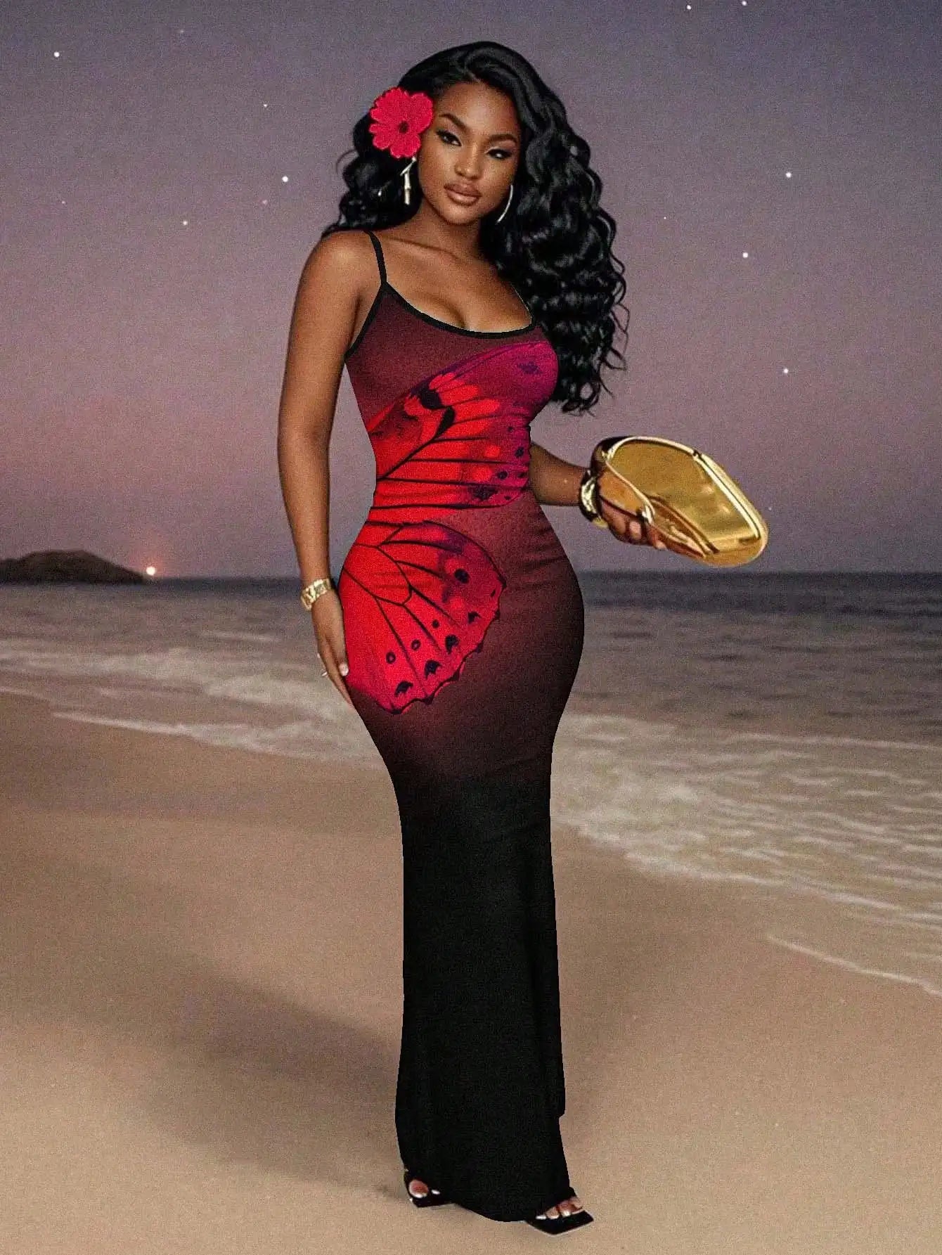 Black Red Floral Maxi Dress for Women, Sleeveless Elegant Evening Beach Vacation Dress