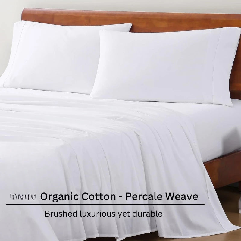 Organic Cotton Queen Sheet Set Four Piece Cotton Sheets Queen Size Bed Set Soft and Breathable Percale Weave White