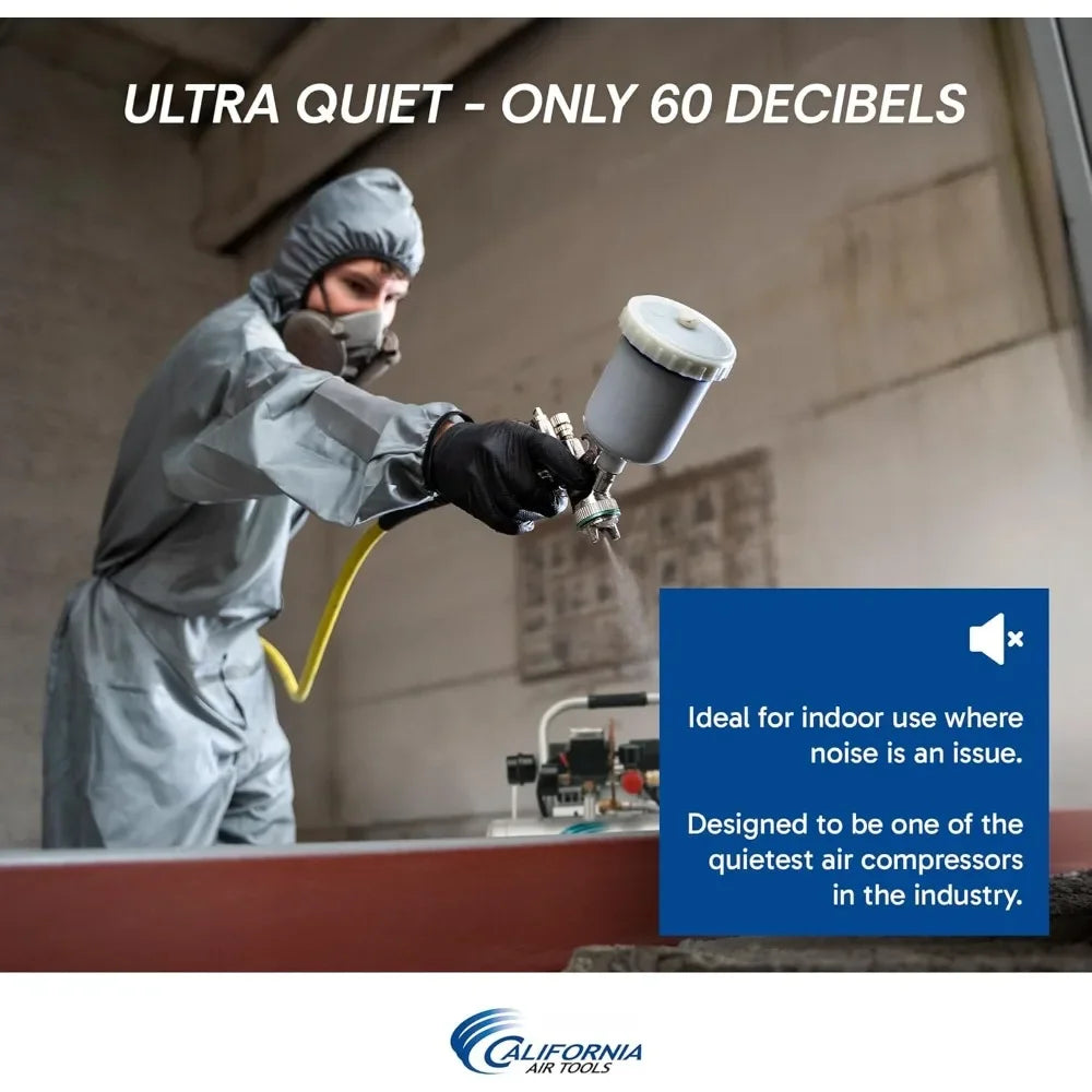 1.0 HP Ultra Quiet Oil Free Air Compressor 2 Gallon Aluminum Tank 60 dBA Noise Level Silver