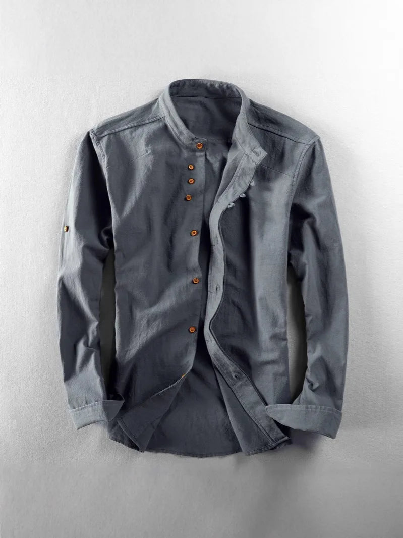 Casual Linen Men's Shirt Gentleman Style Stand Collar Spring New Arrival Wish Cotton Linen Shirt Comfortable Loose Fit Long S...