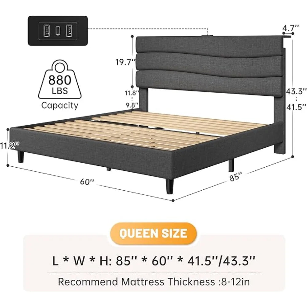 Queen Bed Frame w/Fabric Upholstered Headboard, Storage Headboard & Charging Station, Wooden Slats Support, No Box Spring Needed