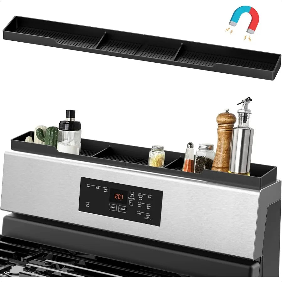 Stove Top Shelf 30 Inch Silicone Magnetic Shelf Kitchen Spice Rack Organizer with 3 Functional Partitions