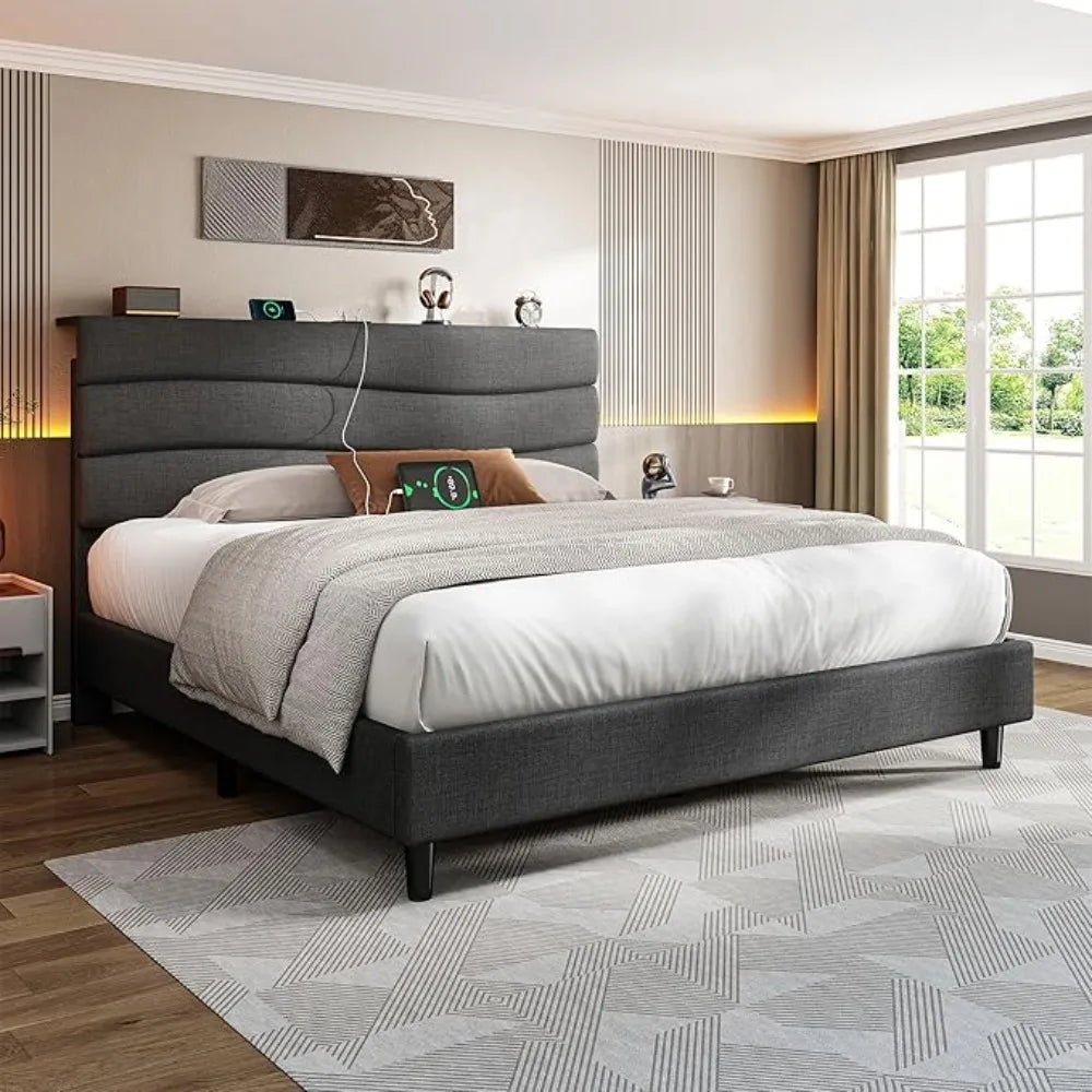 Queen Bed Frame w/Fabric Upholstered Headboard, Storage Headboard & Charging Station, Wooden Slats Support, No Box Spring Needed