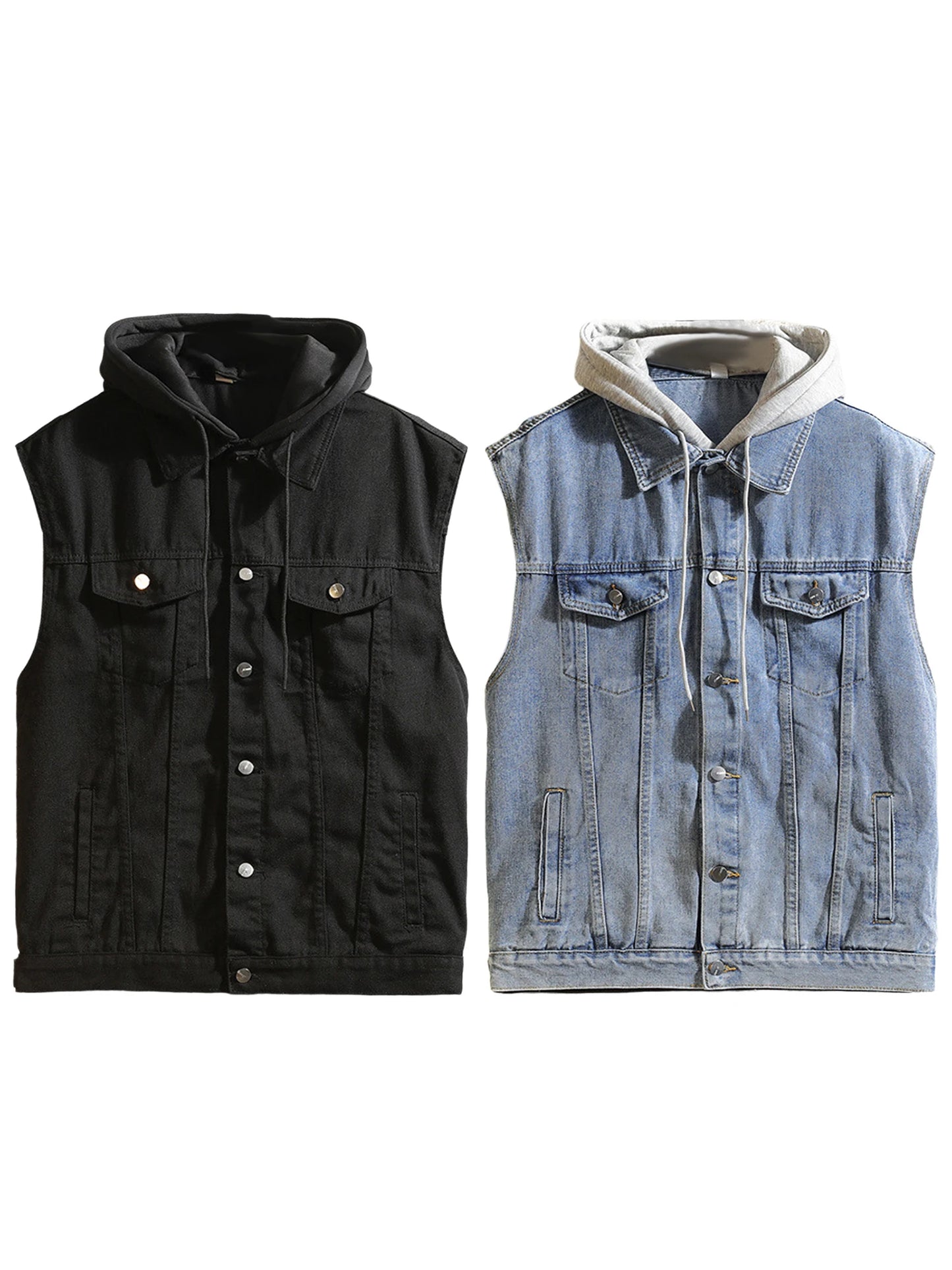Men s Sleeveless Denim Vest with Hood and Pockets Casual Button Up Contrast Color Jean Jacket for Warmth and Style