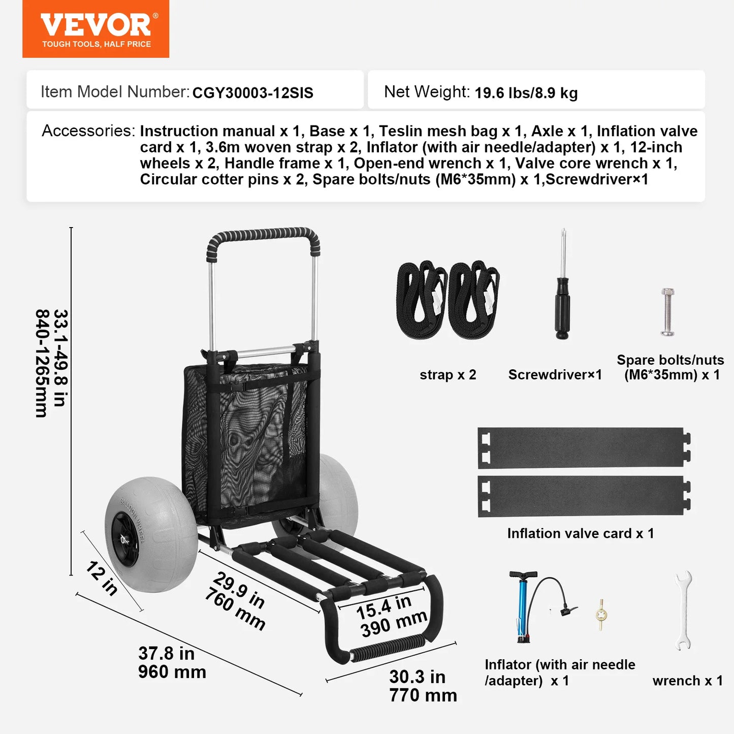 SucceBuy Beach Dolly with Big Wheels for Sand 29.9 x 15.4 Inch Cargo Deck Folding Sand Cart