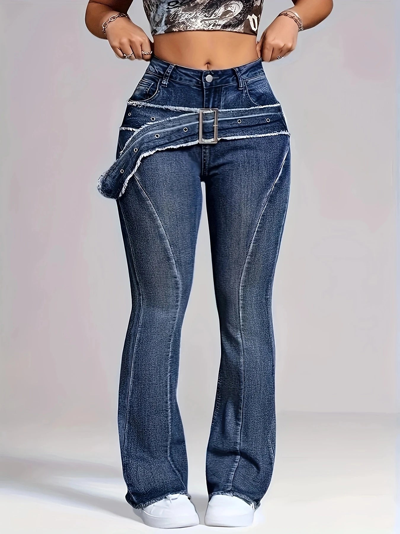 Women's retro blue fur edge fake waistband design with curved edge fashionable micro flared jeans