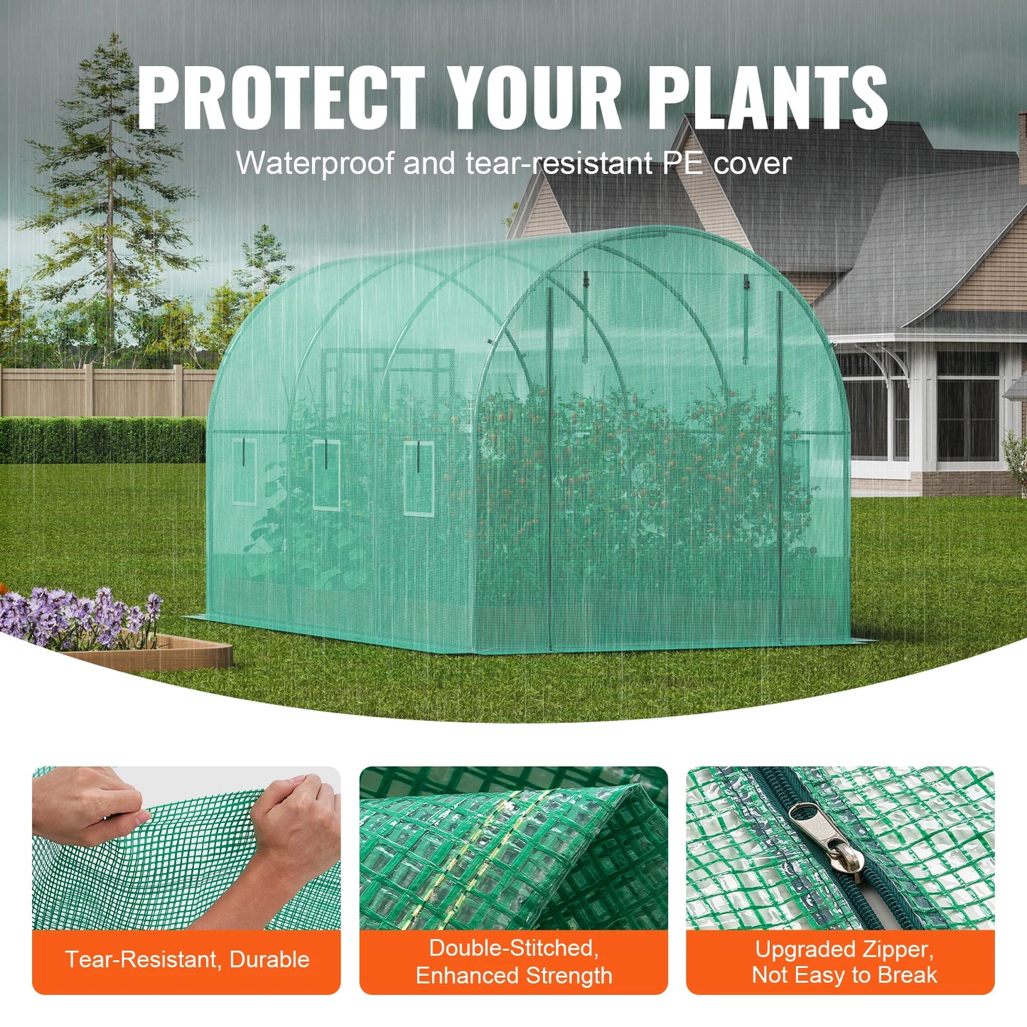 SucceBuy Walk In Tunnel Greenhouse Hoop House Steel Frame PE Cover Roll Up Zipper Door 345x195x192 cm