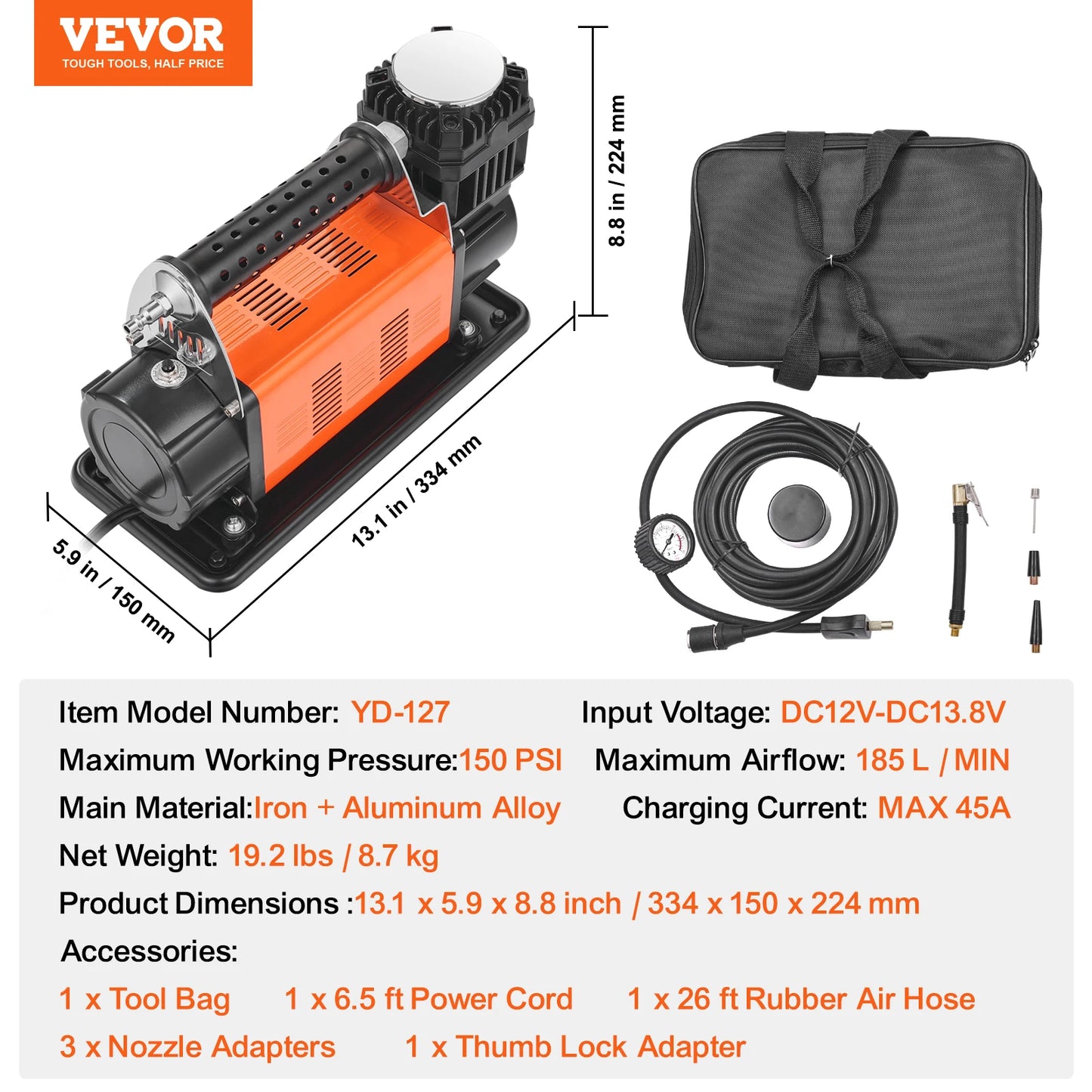 VEVOR 12V Portable Tire Inflator 7.06CFM Heavy Duty Air Compressor 150PSI Offroad Air Pump with Adapters for Car SUV RV Truck