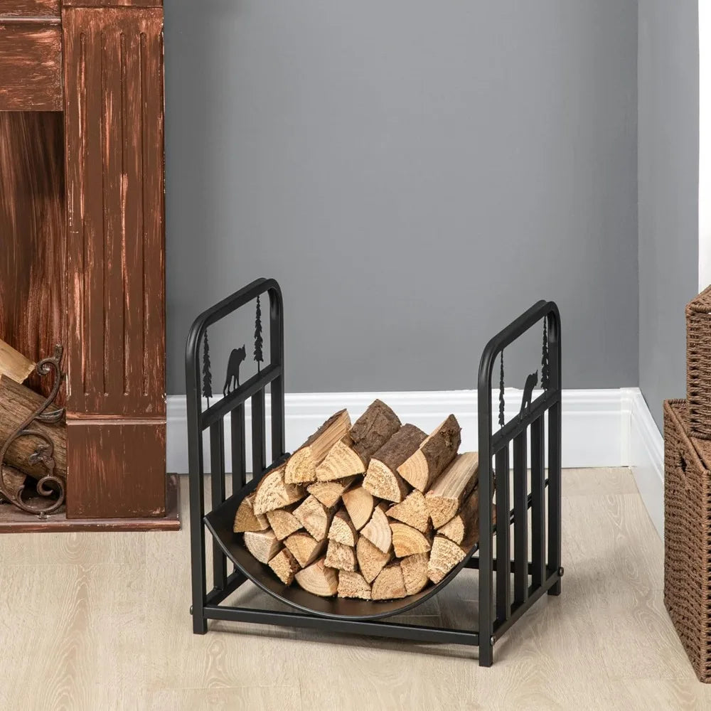 Firewood Rack with Fireplace Tools, Indoor Outdoor Firewood Holder, Curved Bottom with 1 Tier for Fireplace, Wood Stove, Hearth