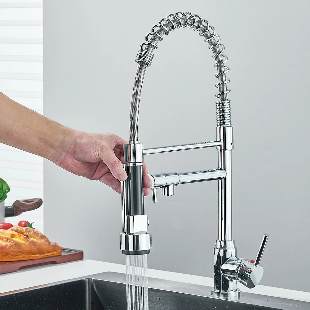 Pull Down Spring Kitchen Faucet Single Lever Hot Cold Mixer Water Dual Spout Nozzle Stainless Steel