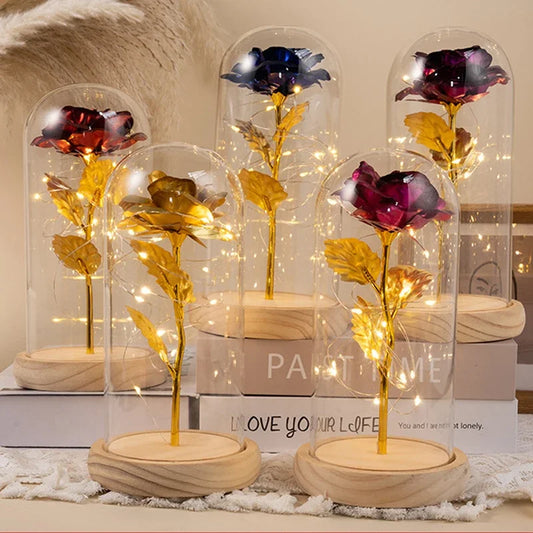 Mothers Day Gifts Party LED Light Foil Flower in Glass Cover Valentine's Day Gift in Glass Simulation Rose Flower