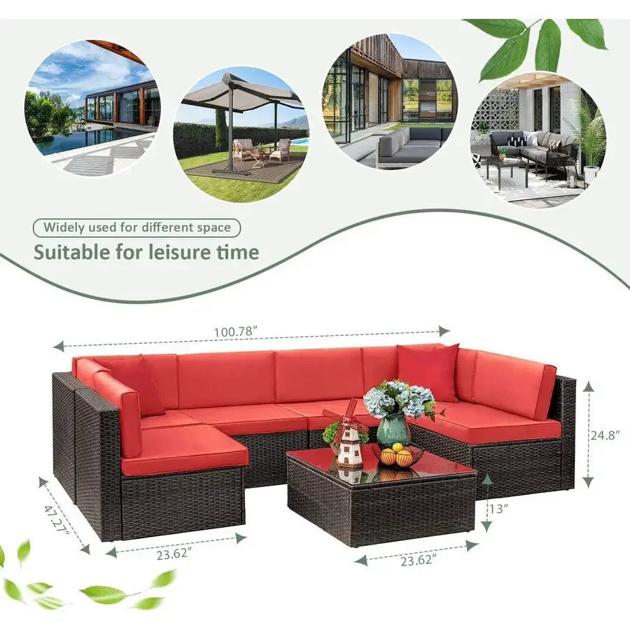 7 Pieces Outdoor Sectional Sofa Patio Furniture Sets Manual Weaving Wicker Rattan Patio Conversation Sets with Cushion and Glas