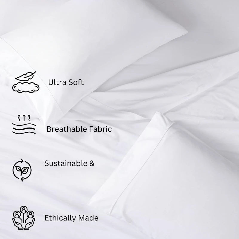 Organic Cotton Queen Sheet Set Four Piece Cotton Sheets Queen Size Bed Set Soft and Breathable Percale Weave White