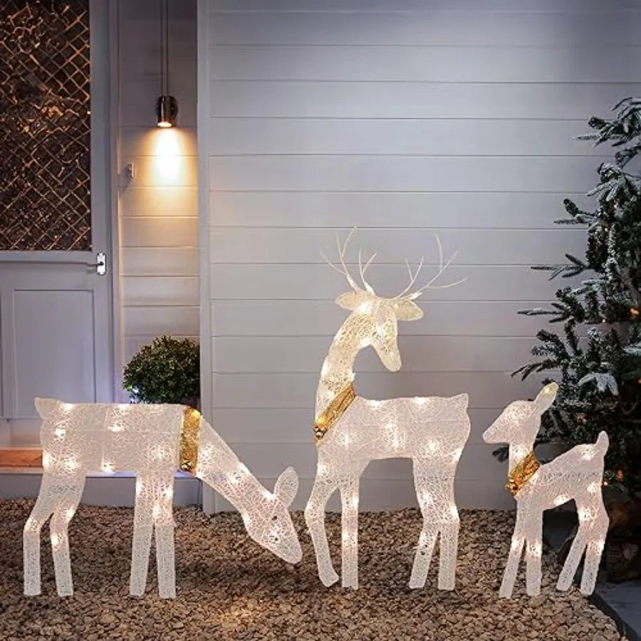 Christmas Outdoor Decoration 3Piece Lighted 2D Reindeer Family with 60 Lamps PreLit Light Up Deer Set Waterproof