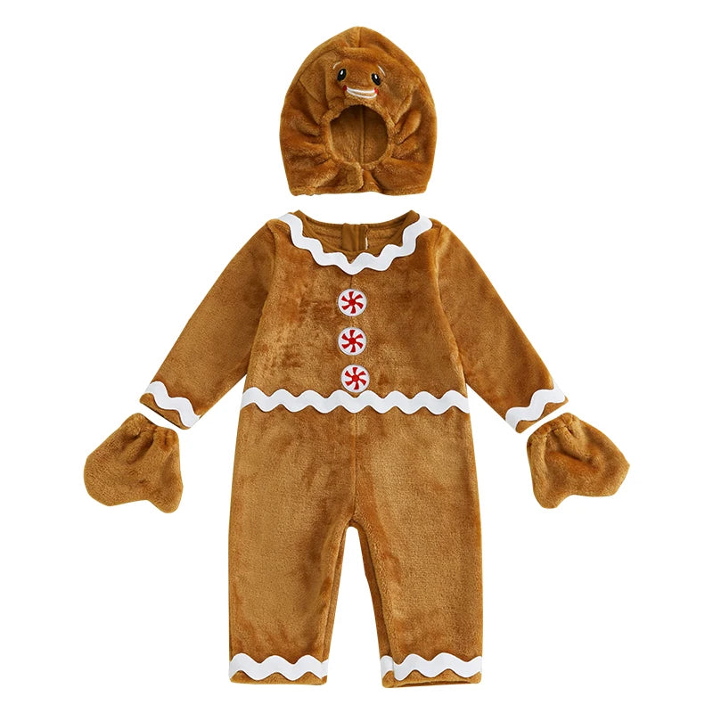 Gingerbread Man Costume Set with Ric Rac Trim Fleece Jumpsuit Hat and Gloves for Christmas and Halloween Party Fun