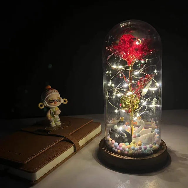 Valentine's Day Artificial Flower 24k Gold Foil Eternal Rose In Glass With Lights Decor For Home Birthday Gift Mother's Day Gift