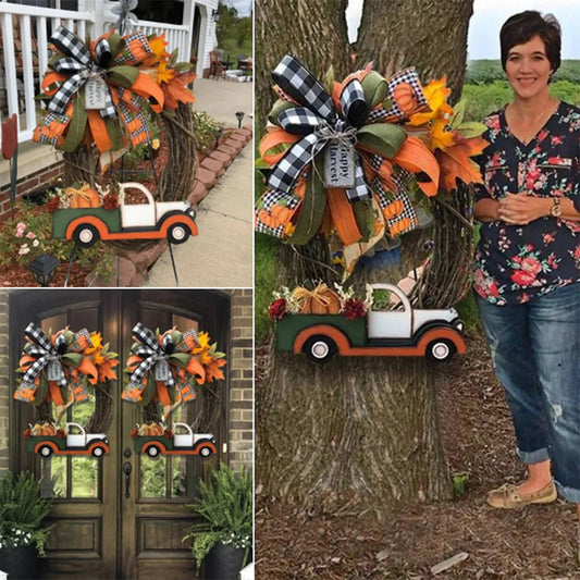 Farmhouse Pumpkin Cart Wreath Halloween Pumpkin Truck Wreath for Thanksgiving Decoration